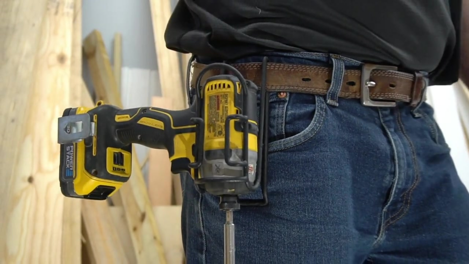 Drill Caddy and Bit Caddy worn on the waist in use